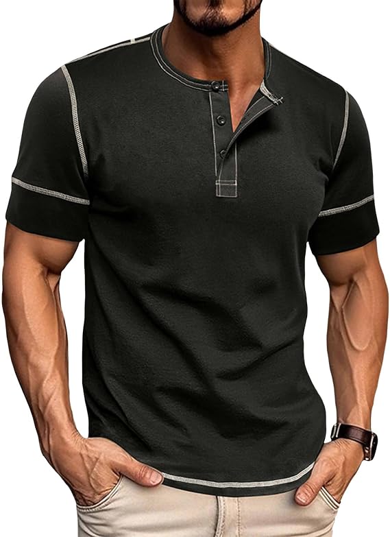 Men's Muscle Henley Shirt Short Sleeve Button